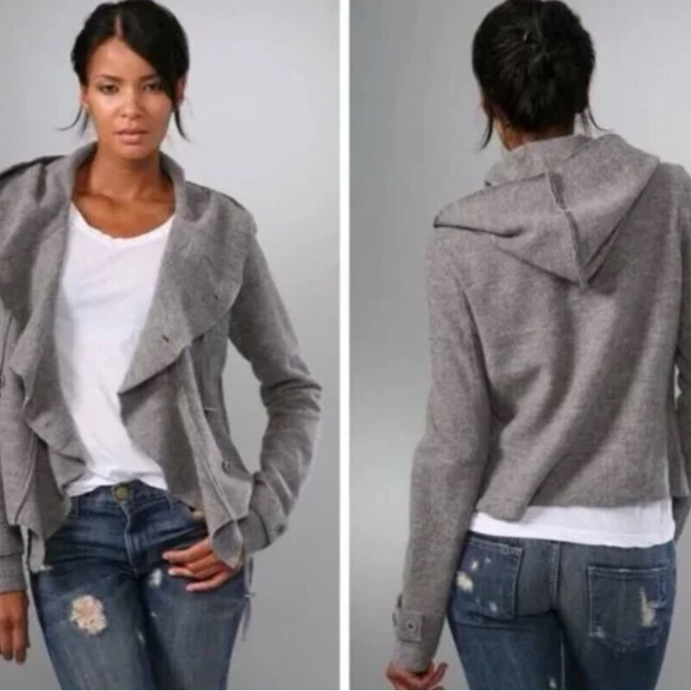 Free People Gray Wool Cinch-Front Hooded Sweater
